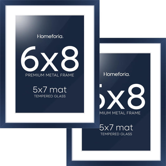 Homeforia Navy Blue 6x8 Picture Frame, High End Metal 6 x 8 Frames with Mat 5 x 7 for Print, 6by8 Desk Frame Matted to 5x7 inch Photo, 6 by 8 Wall or Tabletop Frame, Tempered Glass, Wall Kit, Set of 2