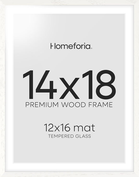 Homeforia 14x18 White Picture Frame, High End Oak 14x18 White Wooden Poster Frames with Mat 12x16 for Print, 14 x 18 Wood Frame Matted to 12 x 16 Photo, 18x14 Frame, Tempered Glass, Wall Kit, Set of 1