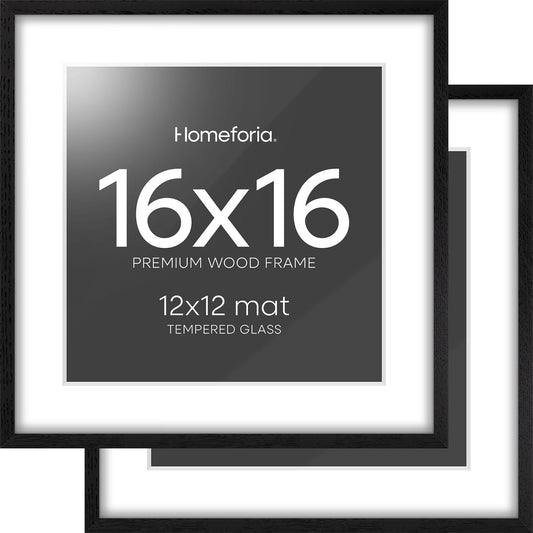 Homeforia 16x16 Black Wood Frame, High End Oak 16 x 16 Square Picture Frames with Mat 12 by 12 inches Photo, 16by16 Black Wooden Poster Frames Matted to 12x12 Print, Tempered Glass, Wall Kit, Set of 2