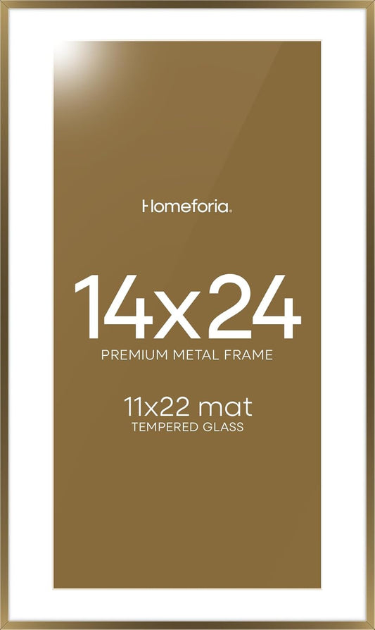 Homeforia 14x24 Picture Frame Bronze, High End Metal 14x24 Brass Poster Frames with Mat 11x22 Photo, 14 x 24 Frame Matted to 11 by 22 inch Print, 24by14 Thin Frames, Tempered Glass, Wall Kit, Set of 1