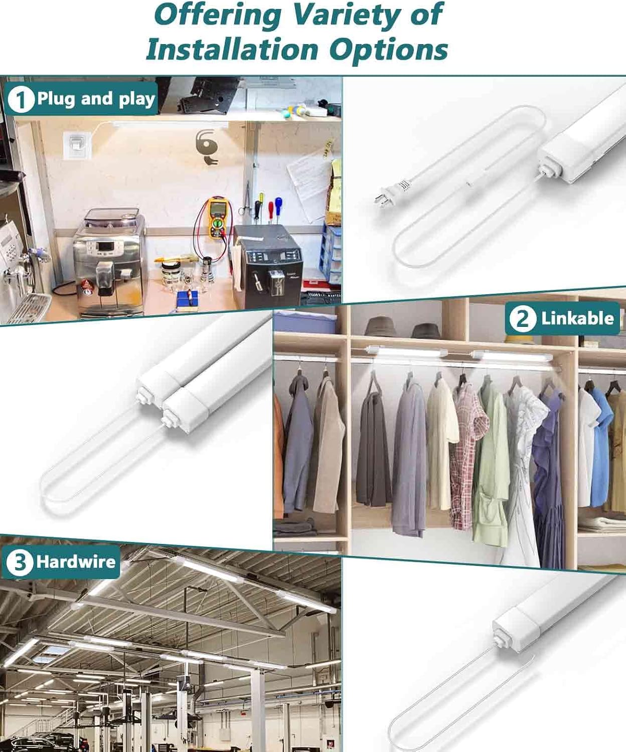 2 Pack Plug-in LED Shop Light, 4FT Tube, IP66 Waterproof and Linkable, 36W With Cord, 5000K Ceiling/Closet, 4000LM Under Cabinet for Room Garage