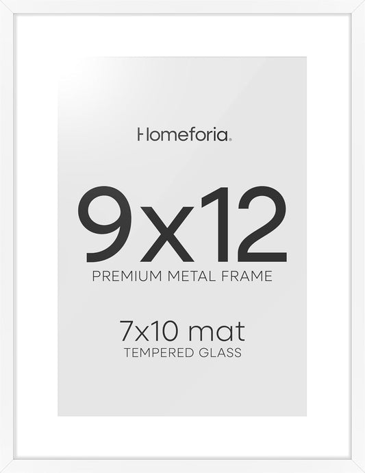 Homeforia 9x12 Picture Frame White, High End Metal 9 x 12 Poster Frames with Mat 7 by 10 inch Photo, 9by12 Frame Matted to 7x10 in Art, 12x9 Wall or Tabletop Frames, Tempered Glass, Wall Kit, Set of 1
