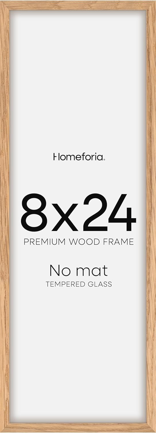 Homeforia 8x24 Panoramic Frame Wooden, High End Natural Oak 8 x 24 Picture Frame Light Wood without Mat, 24x8 Thin Poster Frame for Wall, 8by24 Display Photo Frames, Tempered Glass, Wall Kit, Set of 1