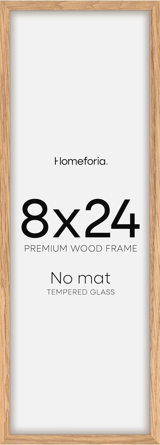 Homeforia 8x24 Panoramic Frame Wooden, High End Natural Oak 8 x 24 Picture Frame Light Wood without Mat, 24x8 Thin Poster Frame for Wall, 8by24 Display Photo Frames, Tempered Glass, Wall Kit, Set of 1