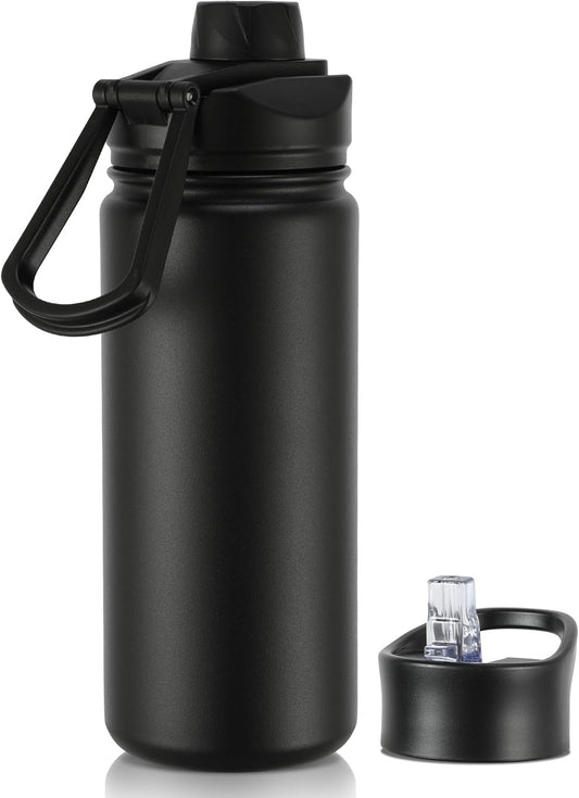 16 oz Insulated Water Bottle with Straw Lids, Stainless Steel Kids Water Bottles for School, Double Wall Vacuum Metal Water Bottle with Straw & Wide Mouth Lid, Black 1 Pack