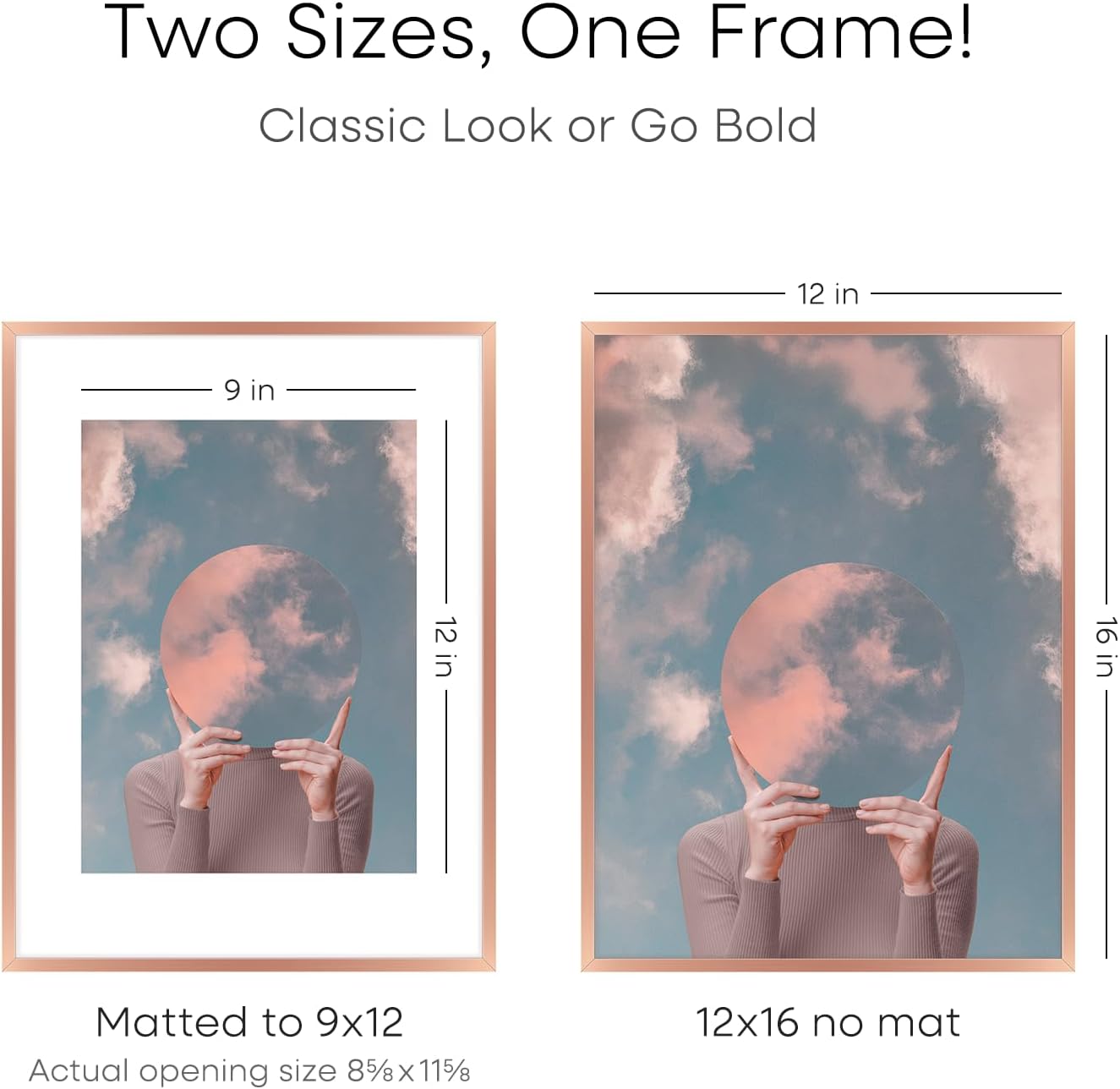 Homeforia 12x16 Rose Gold Picture Frame, High End Metal 12x16 Poster Frames with Mat 9x12 Photo, 12 x 16 Rose Gold Frames Matted to 9 by 12 Print, 16x12 Thin Frames, Tempered Glass, Wall Kit, Set of 2