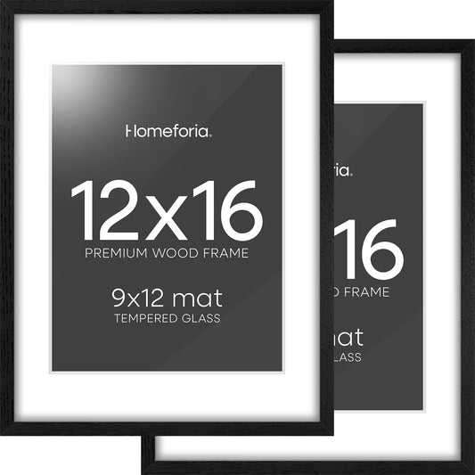 Homeforia 12x16 Black Wood Picture Frame, High End Oak 12x16 Poster Frames with Mat 9x12 Print, 12 x 16 Black Wooden Frame Matted to 9 by 12 Photo, 16x12 Thin Frame, Tempered Glass, Wall Kit, Set of 2