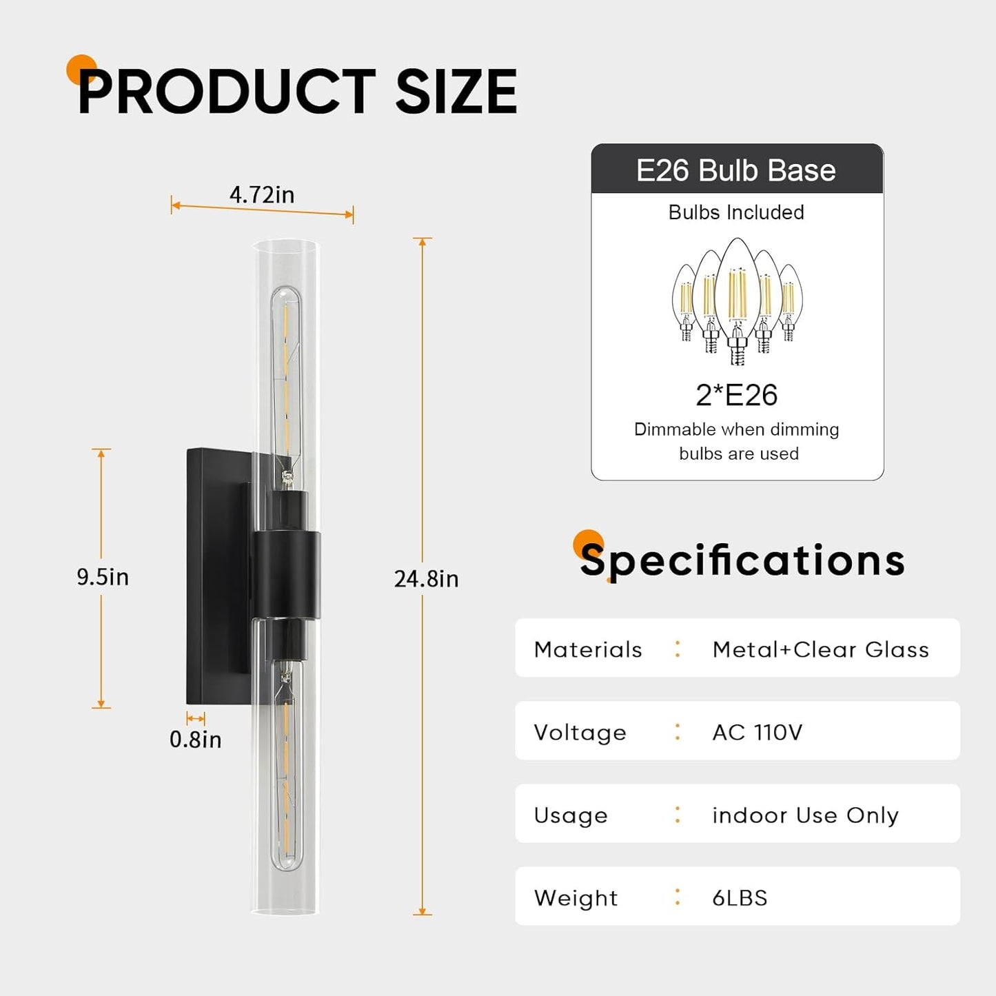 24.8" L Wall Sconces Set of 2, Black Wall Lights Fixtures Morden Cylinder Wall Light for Bathroom Vanity Light Indoor Wall Mounted Lamps for Living Room,Bedroom,Hallway