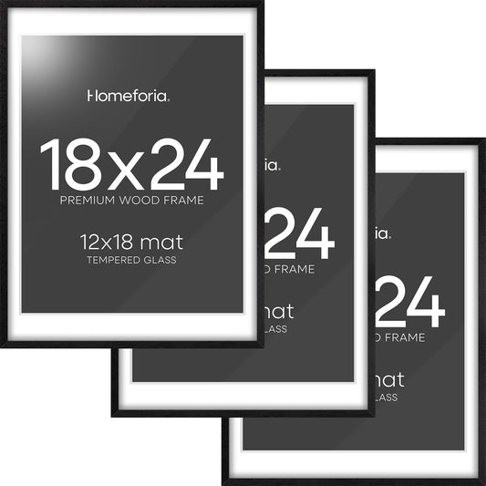 Homeforia Black Wooden Frame 18x24, High End Oak 18x24 Wood Picture Frames with Mat 16x20 Photo, 18 x 24 Poster Frame Matted to 16 by 20 Print, 24x18 Hanging Frames, Tempered Glass, Wall Kit, Set of 3