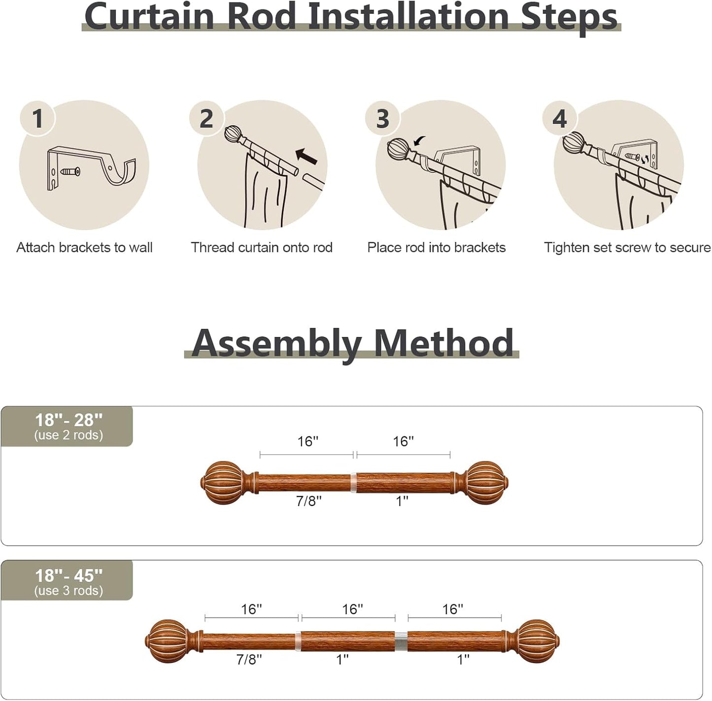 2 Pack Reddish-Brown Wood Curtain Rods for Windows 28 to 48 Inch, 1'' Adjustable Heavy Duty Curtain Rod，Vintage Imitation Wood Decorative Drapery Rods with Pumpkin Finials for Living Room