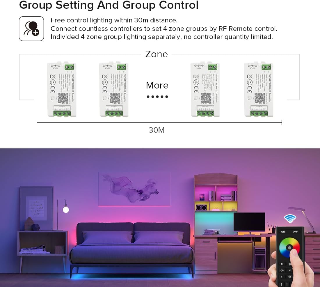 BTF-LIGHTING 5050SMD FCOB COB RGB RF Remote RC03RFB &3PCS C03RF LED Tuya LED Controller Kit 4 Zones RF 2.4GHz Wireless Remote Group Control PWM RGB (+ R G B) 4pin LED Strip DC5V DC12V DC24V