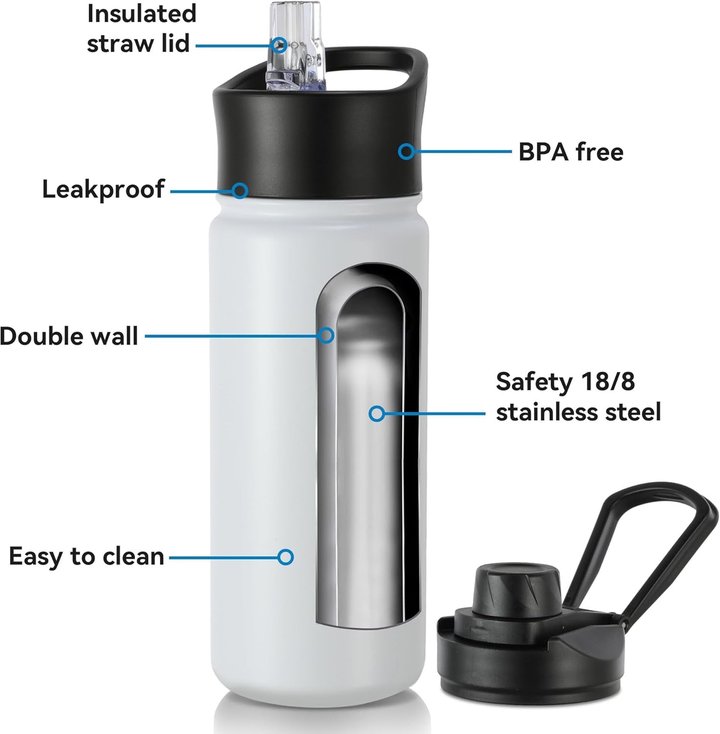 16 oz Insulated Water Bottle with Straw Lids, Stainless Steel Kids Water Bottles for School, Double Wall Vacuum Metal Water Bottle with Straw & Wide Mouth Lid, White 1 Pack