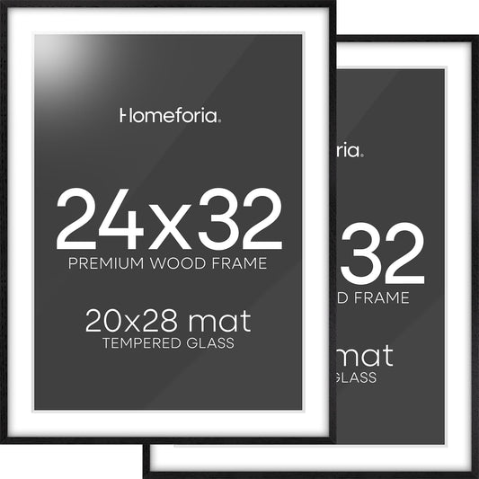 Homeforia Black Wood Frame 24x32, High End Oak 24x32 Large Wooden Poster Frames with Mat 20x28 inch Photo, 24 x 32 Picture Frame Matted to 20 x 28, 32x24 Thin Frame, Tempered Glass, Wall Kit, Set of 2