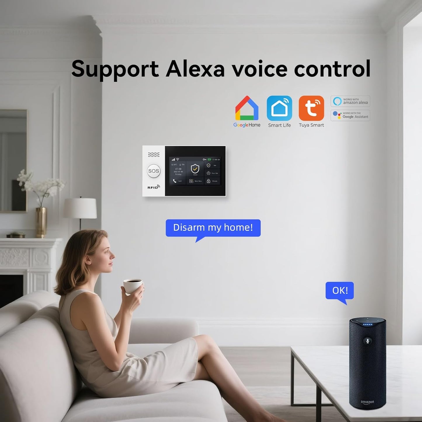 Home Security Alarm System,DIY Wireless WiFi Alarm System (Motion Detector, Door Window Sensor, Remote Control, Siren), Compatible with Alexa and Google for House, Apartment