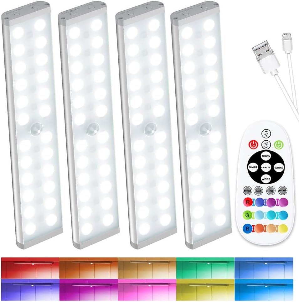 SZOKLED 58-LED Under Cabinet Lighting Wireless, RGB Motion Sensor Night Lights with Remote, 1100mAh Magnetic Under Cabinet Lights for Kitchen, Shelf, Stair, 15 Color (4 Pcs)
