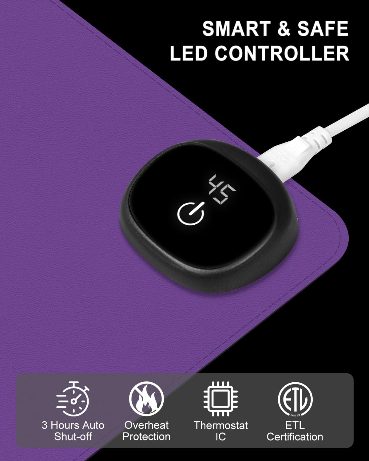 Heated Desk Pad, 31.5" x 13" Leather Non-Slip Warm Desk Pad, Large Mouse Mat with 3 Levels Heating & 3 Hours Auto Shut-Off, Hand and Foot Warmer for Office, Home, Purple