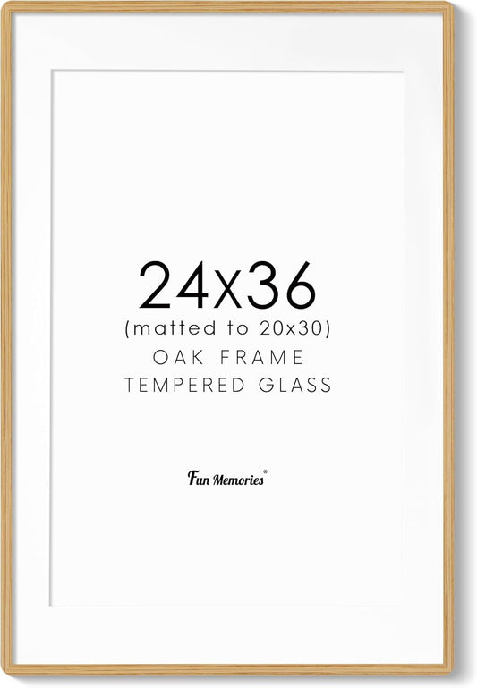 24x36 Poster Frame for Wall, 24 by 36 Picture Frame - Solid Oak Wood & Tempered Glass, Rustic 24 x 36 Wood Frame for Home Decor, 23x36 Picture Frame with Mat for 20x30, Natural Oak Color, 1 Pack