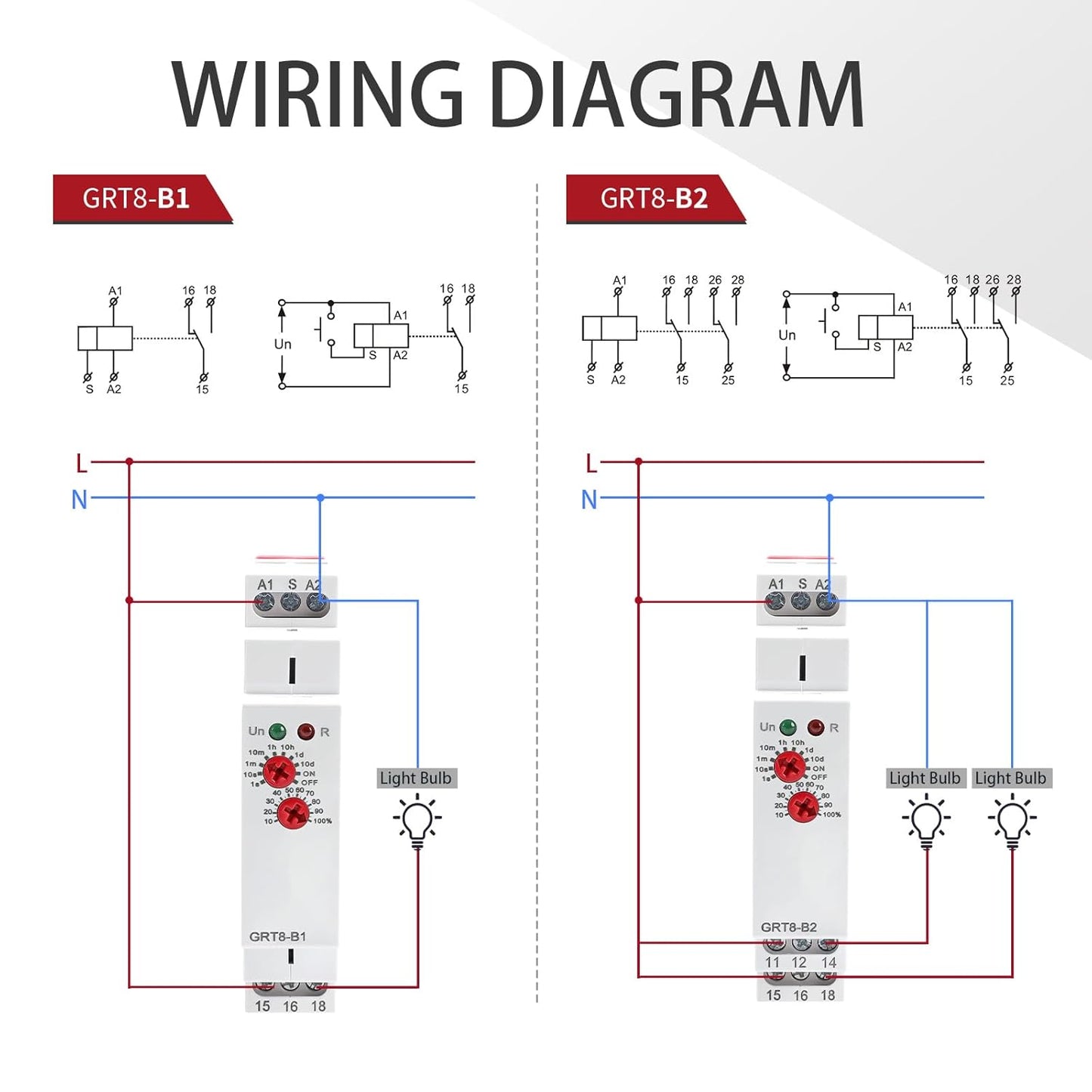 Delay Off Time Relay 16A Adjustable Smart Relay GRT8-B1, Delay Turn Off Electronic Timer in Din Rail, 0.1s-10 Days Wide Range Delay Factory Automation Time Universal Voltage AC DC 12V-240V