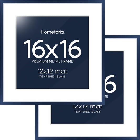 Homeforia 16x16 Picture Frame Navy Blue, High End Metal 16 x 16 Square Poster Frame with Mat 12 x 12 Photo, 16x16 Frame Matted to 12x12 Print, 16by16 Hanging Frames, Tempered Glass, Wall Kit, Set of 2