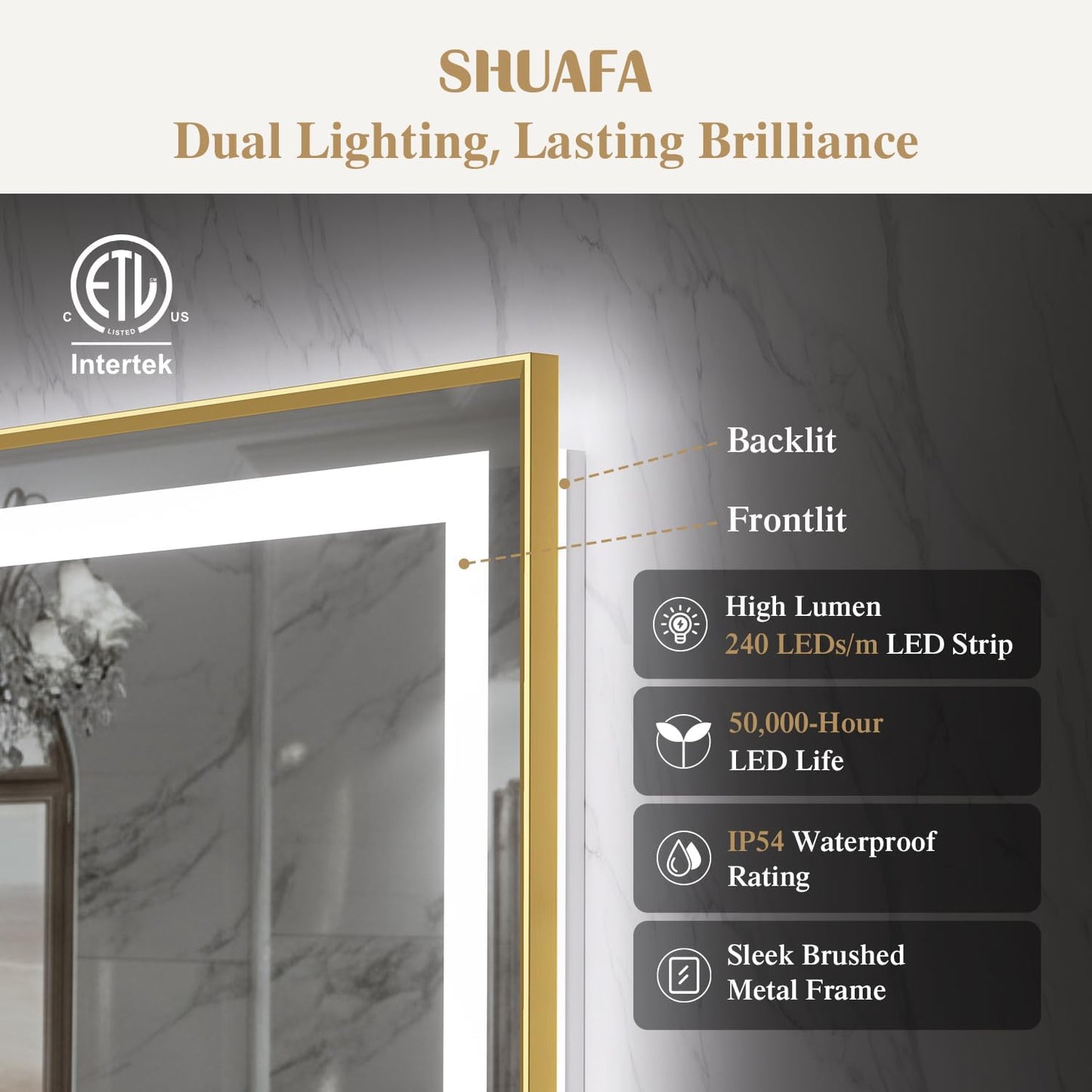24X32 Inch LED Bathroom Mirror with Lights, Gold Frame Frontlit+ Backlit Bathroom Vanity Mirror for Wall, Ultra-Clear Tempered Glass, Shatter-Proof, Anti-Fog and Memory Function, ETL Listed