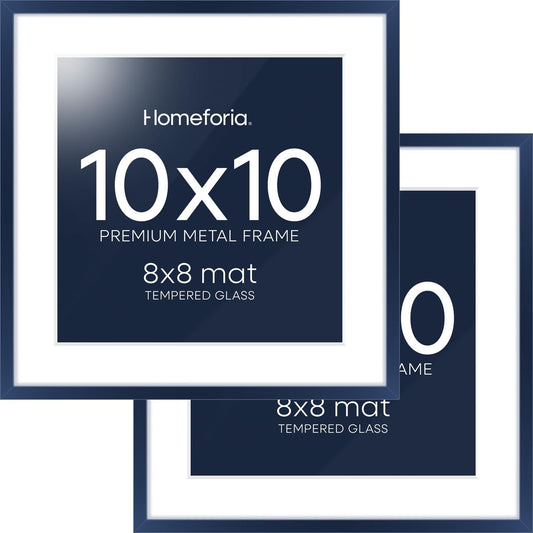 Homeforia 10x10 Picture Frame Navy Blue, High End Metal 10 by 10 Square Frames with Mat 8 x 8 Photo, 10by10 Poster Frame Matted to 8x8 Print, Wall or Tabletop Frame, Tempered Glass, Wall Kit, Set of 2