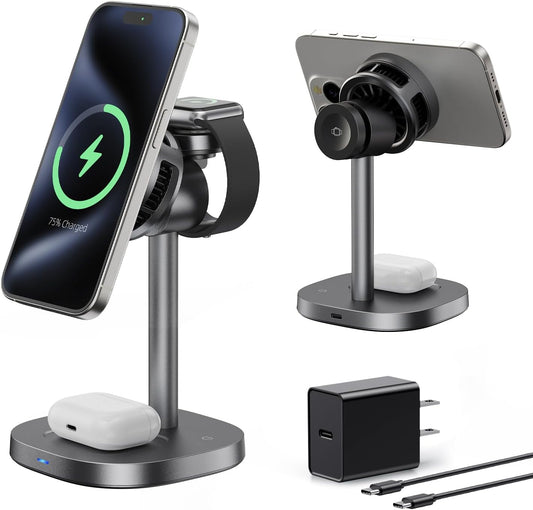 havit 3 in 1 Wireless Charging Station, Qi2 15W Cooling Magnetic Charging Stand, MagSafe Fast Wireless Charger for iPhone 17/16/15/14 Series, Apple Watch, AirPods, 45W Adapter Included