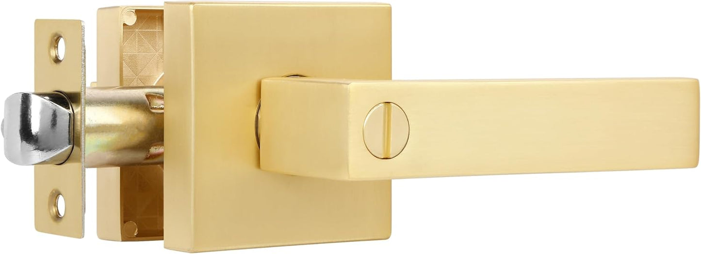 1 Pack Privacy Gold Door Knob, Square Stain Brass Door Knob for Bathroom,Gold Door Handle Interior Locked Inside with Turn Thumb Left/Right Handed Reversible,Keyless
