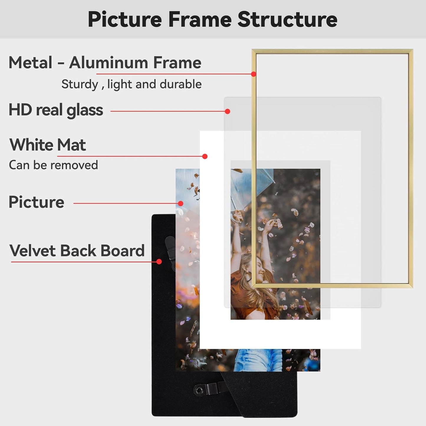 11x14 Picture Frame, Brass Metal Photo Frames with HD Glass, Fits 8x10 with Mat or 11 x 14 without Mat, Display for Wall and Table, 1 Pack