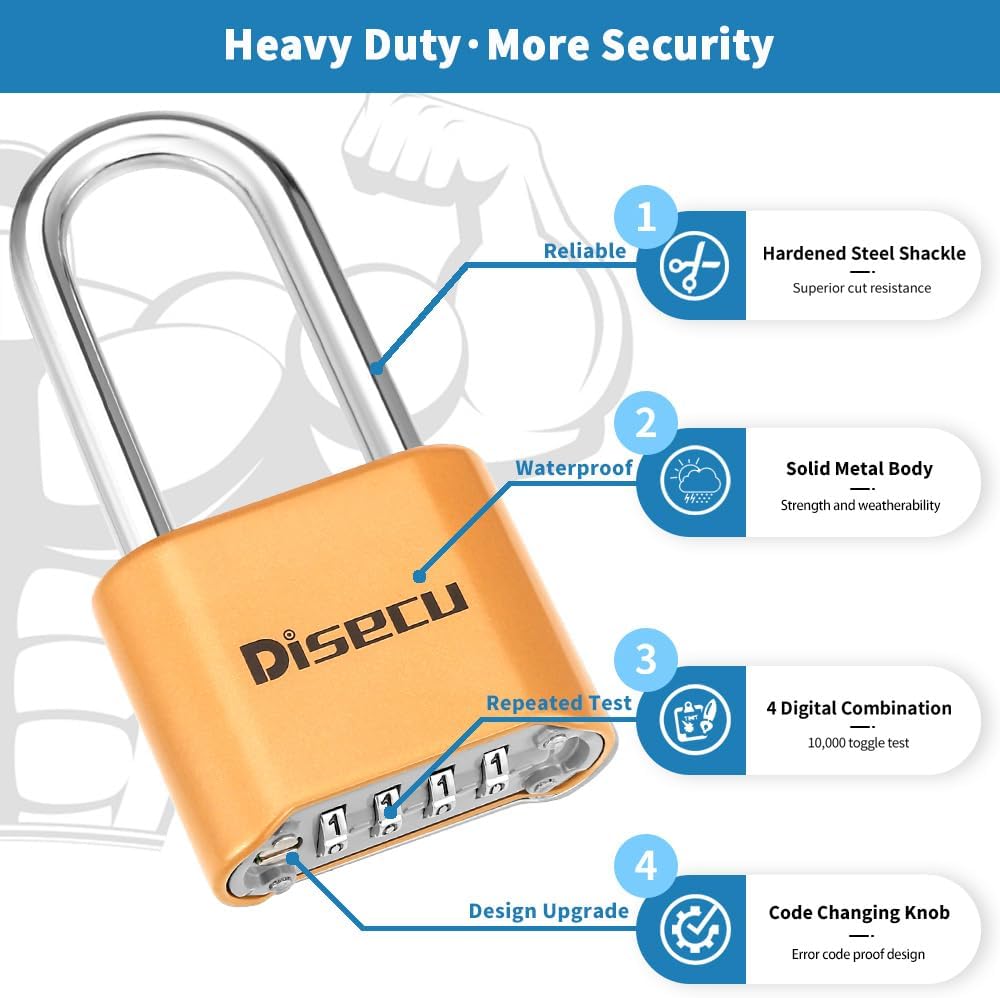 1 Pack disecu Heavy Duty 4 Digit Combination Lock, Anti-Error Feature, 2.5 Inch Long Shackle Outdoor Waterproof Padlock for School Gym Locker, Fence, Gate, Toolbox (Brass)