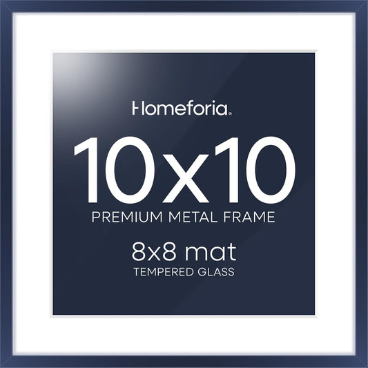 Homeforia 10x10 Picture Frame Navy Blue, High End Metal 10 by 10 Square Frames with Mat 8 x 8 Photo, 10by10 Poster Frame Matted to 8x8 Print, Wall or Tabletop Frame, Tempered Glass, Wall Kit, Set of 1