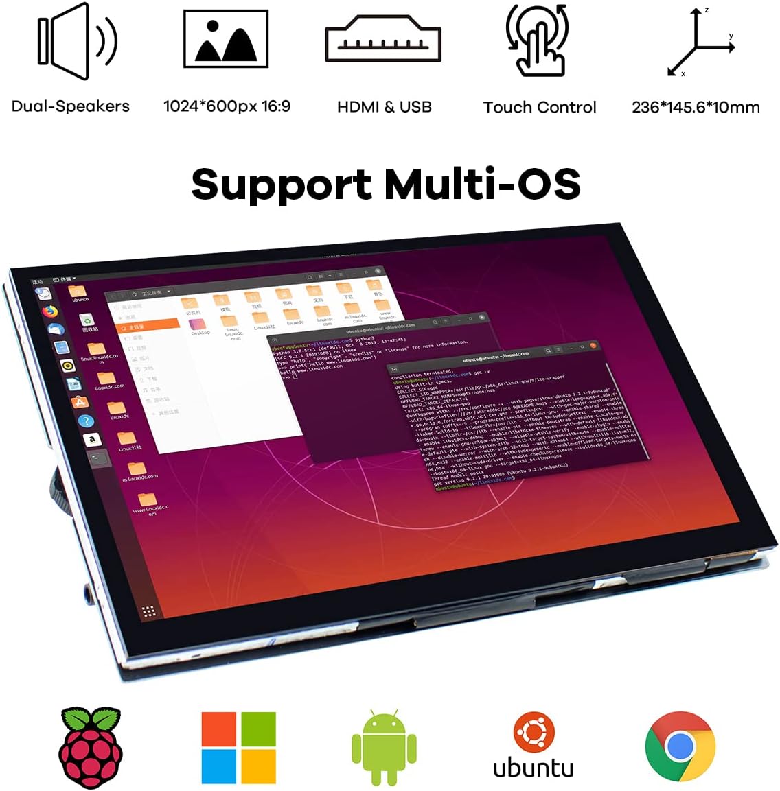 10.1" IPS LCD Capacitive Touch Screen HDMI Display Portable Monitor 1024X600 Built-in Dual Speakers for Raspberry Pi 5/4/3 Xbox PS4 Windows 7/8/10