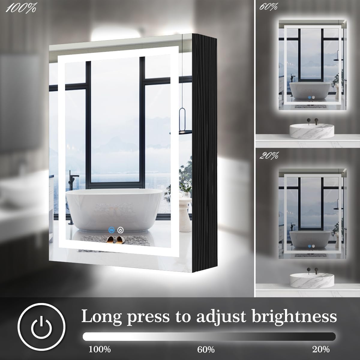 24 x 32 Inch Black Wood Led Medicine Cabinet Mirror with Lights Storage Wooden Cabinets Smart Memory 3 Color Dimmable AntiFog 32" Bathroom Lighted Medicine Cabinet with Mirror and LED Light