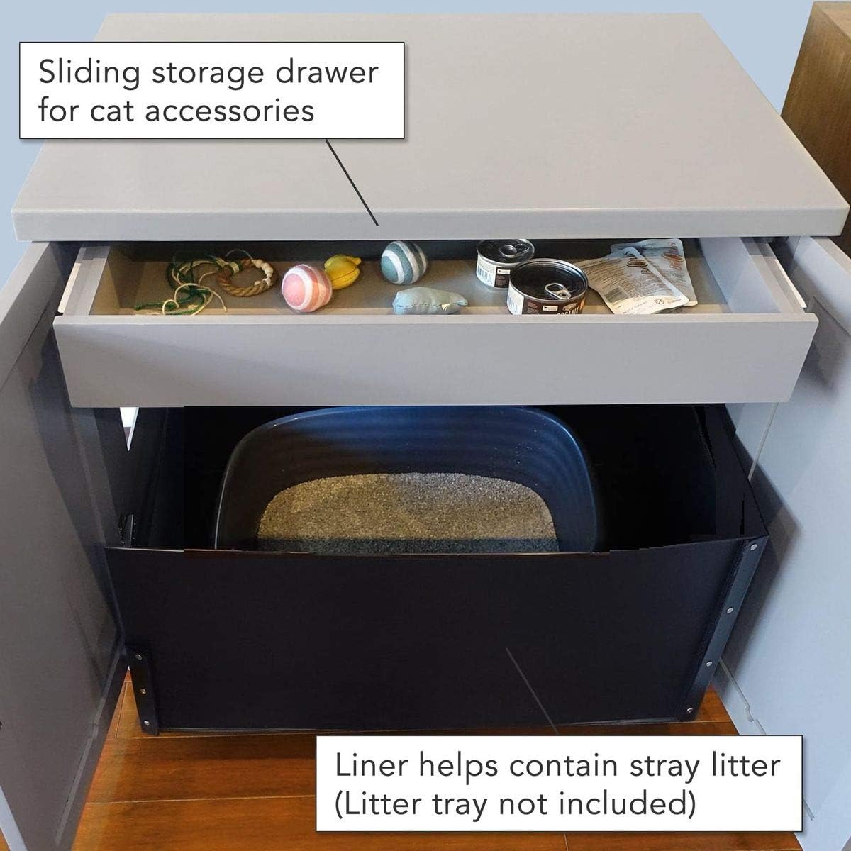 The Refined Feline Cat Litter Box Enclosure Cabinet, Shaker, Smoke Gray, Tulip Feet, Large, Hidden Litter Cat Furniture with Drawer