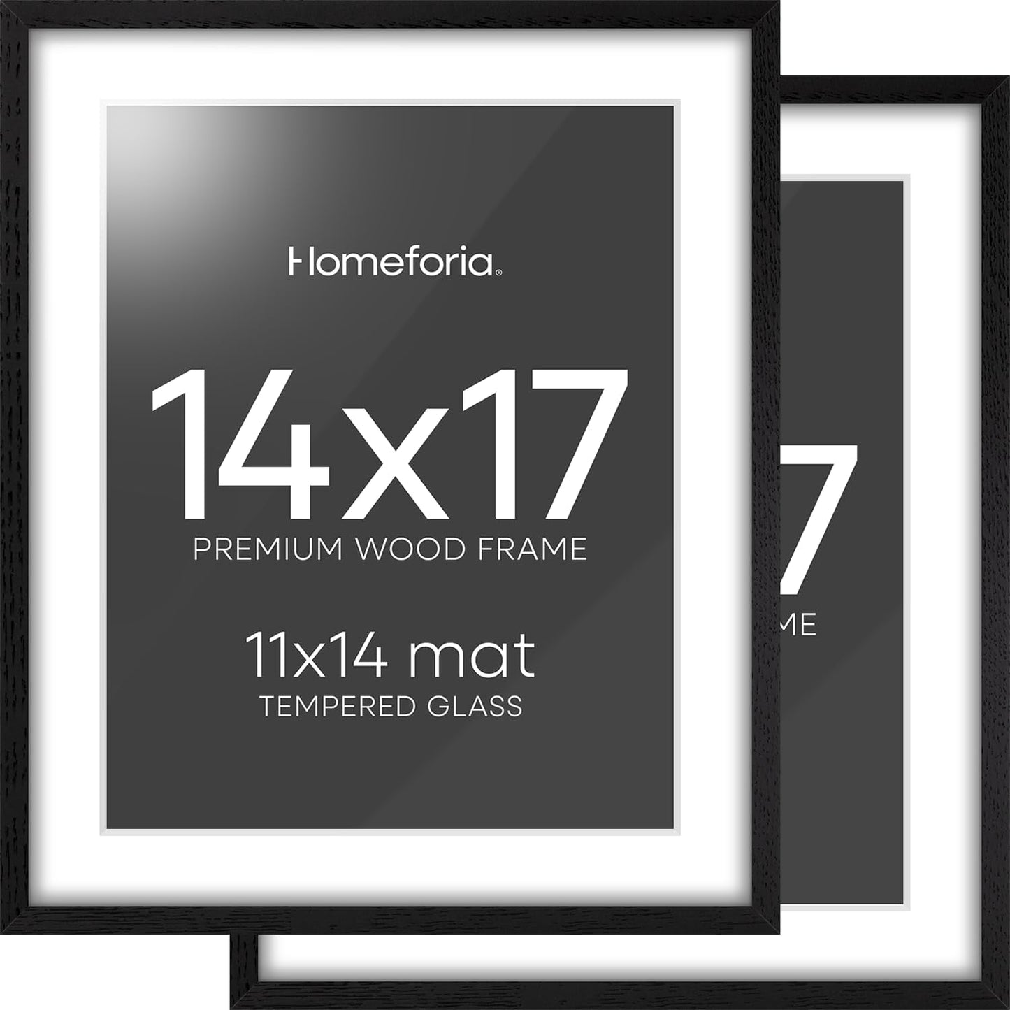 Homeforia 14x17 Picture Frame Black Wood, High End Oak 14x17 Frames with Mat 11x14 Photo, 14 x 17 Wooden Poster Frame Matted to 11 by 14 Print, 17x14 Hanging Frames, Tempered Glass, Wall Kit, Set of 2