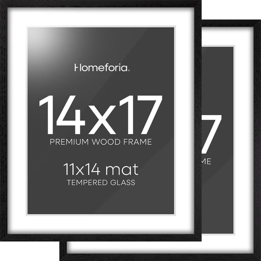 Homeforia 14x17 Picture Frame Black Wood, High End Oak 14x17 Frames with Mat 11x14 Photo, 14 x 17 Wooden Poster Frame Matted to 11 by 14 Print, 17x14 Hanging Frames, Tempered Glass, Wall Kit, Set of 2
