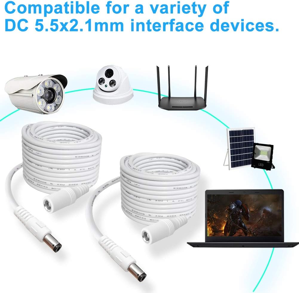 2-Pack 13ft DC Power Extension Cable,5.5mm x 2.1mm Extension Cord,12v Extension Cord for Security Camera CCTV IP,Router,LED Strip,5V 9V 24V 12 Volt Male to Female Plug Supply Adapter Power Cord