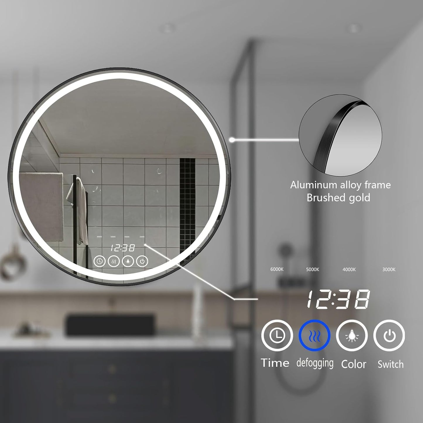 24 Inch Wall-Mounted Round Bathroom Mirror with LED-Lights - Frame Vanity Mirrors (24" x 24", Black)