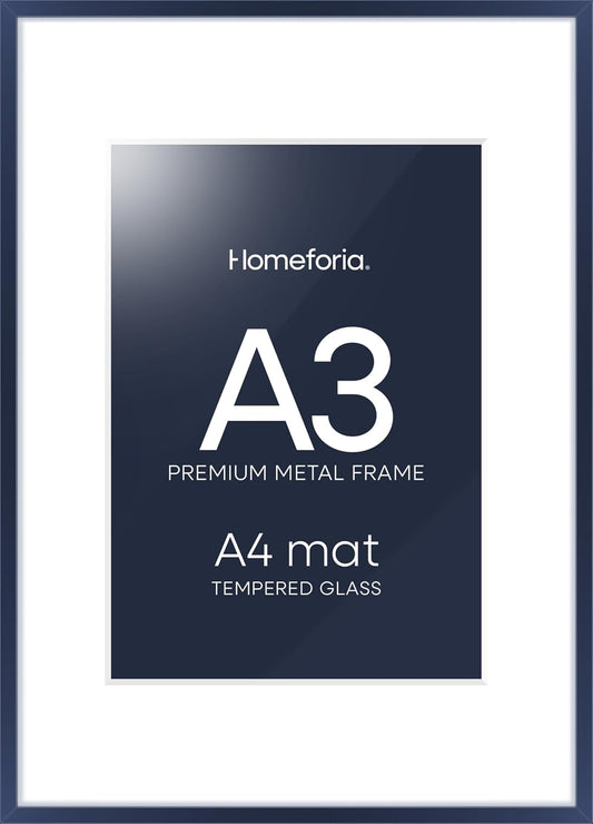 Homeforia A3 Picture Frame Navy Blue, High End Metal 11.7 x 16.5 inch Poster Frames with Mat 8.3 by 11.7 for Photo, A3 Size Frames Matted to A4 Print, 11.7x16.5 Hanging Frame, Tempered Glass, Set of 1