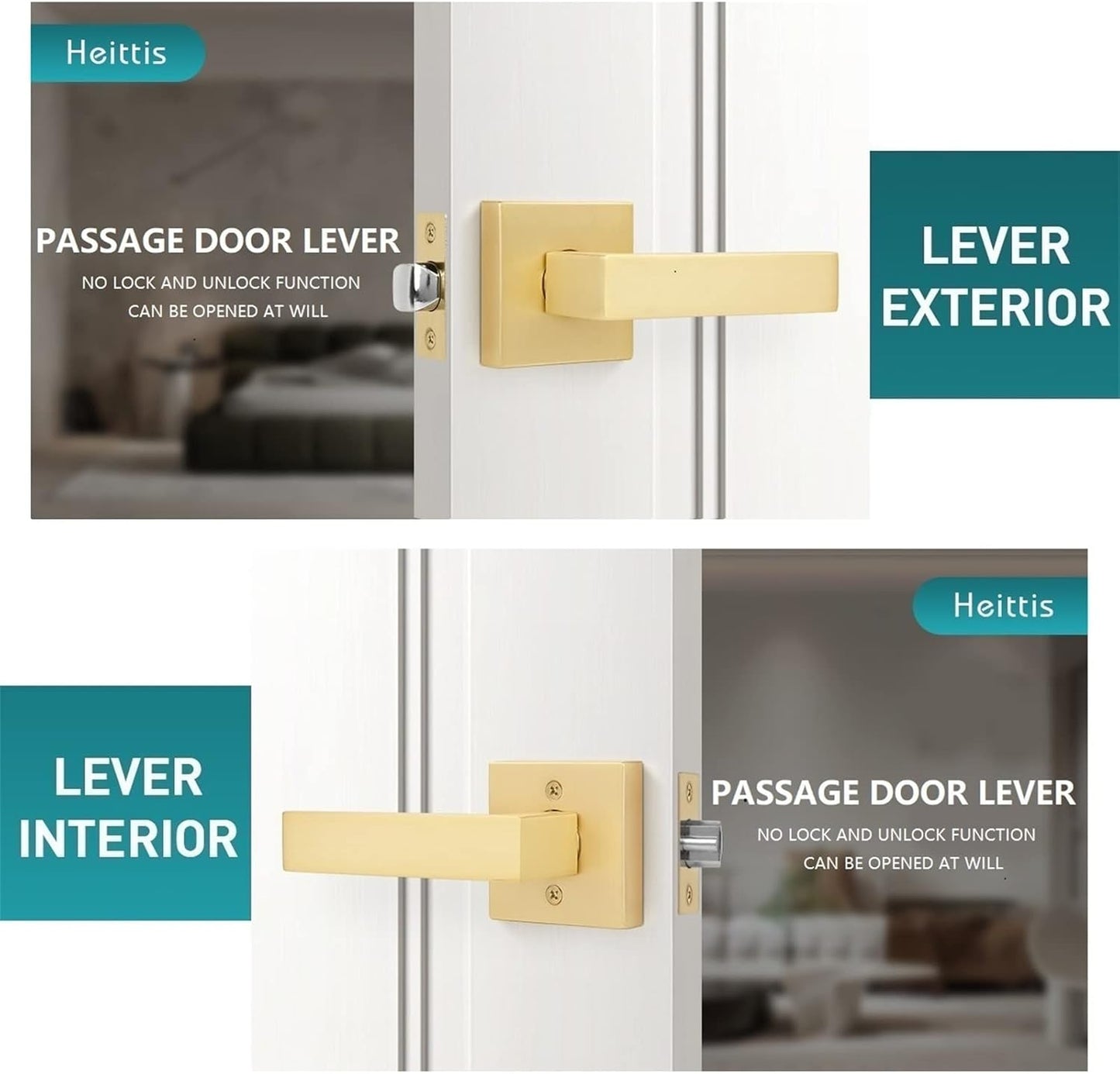 10 Pack Heavy Passage Door Levers Keyless Modern Stain Brass Door Lock Hardware, Left/Right Hand Reversible, Interior Locks for Hall or Closet Door Handles Non-Locking Lever Set