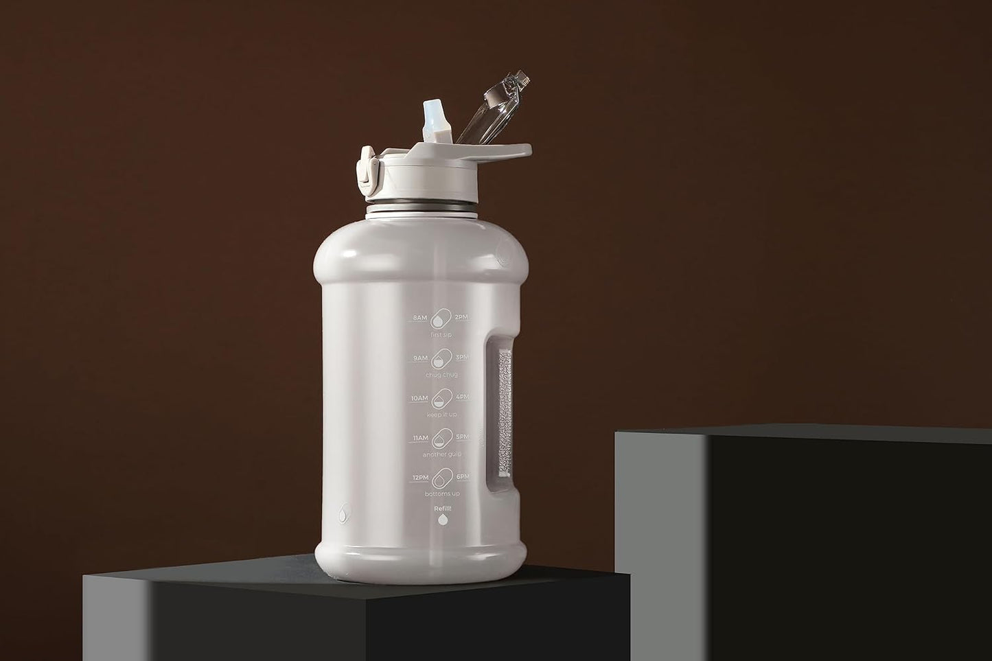 H2O Capsule INSPO Half Gallon Water Bottle with Time Marker and Straw Motivational Hydration Tracker Jug Big BPA-Free Food-Safe Leakproof Drinking Bottle Handle & Strap, Ash Gray