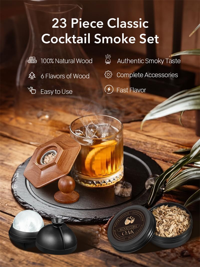 23Pcs Whiskey Smoker Kit with Torch-12 Wood Chips, Ice Ball Mold, Cocktail Smoker Infuser Kit, Old Fashioned Drink Smoker Kit, Birthday Bourbon Whiskey Gifts for Men,Dad,Him, Christmas