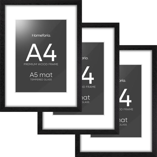 Homeforia A4 Picture Frame Black Wood, High-End Oak 8.3 x 11.7 Black Poster Frames Matted to 5.8 by 8.3 Photo, 8.3x11.7 Size Wooden Frame with Mat for 5.8x8.3 Print, Tempered Glass, Wall Kit, Set of 3