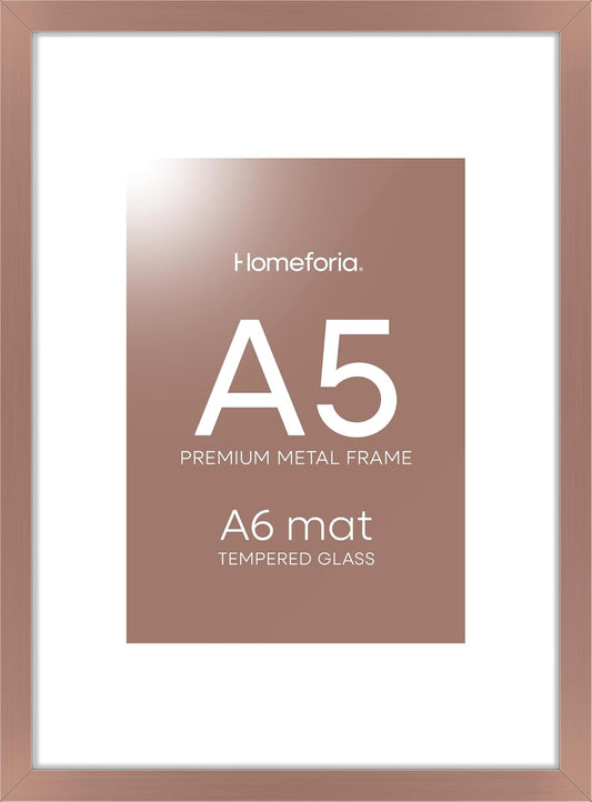 Homeforia A5 Picture Frame Mocha, High End Metal 5.8x8.3 Frames Matted to 4.1x5.8 Print, A5 Photo Frame with Mat A6, 5.8 x 8.3 Poster Frame, 8.3x5.8 Display Frames, Tempered Glass, Wall Kit, Set of 1