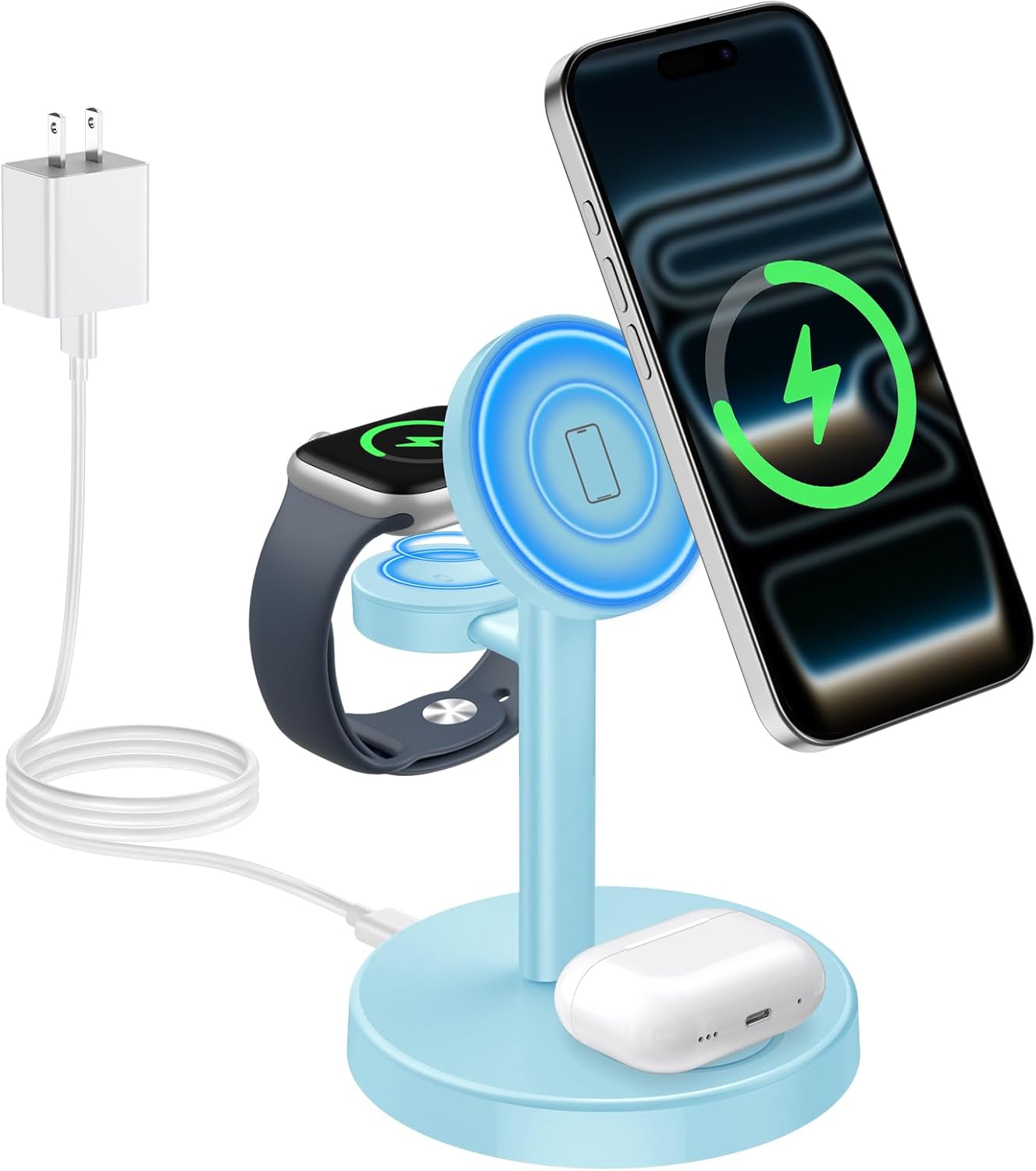 2025 3 in 1 Wireless Charging Station Compatible with MagSafe, 15W Fast Magnetic Mag-Safe Charger Stand for Apple iPhone 17 16 15 14 13 12 Series iWatch AirPods Pro 4 3 2, Iceblue