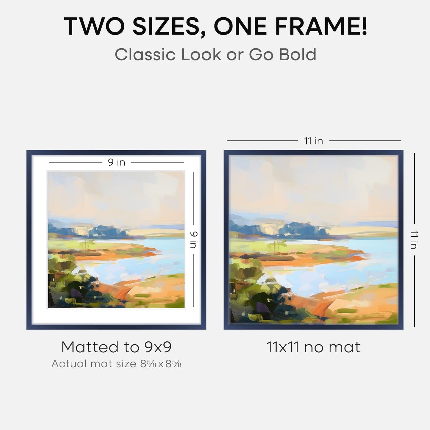 Homeforia 11x11 Navy Blue Picture Frame, High End Metal 11 by 11 Square Frames with Mat 9 x 9 Photo, 11by11 Poster Frame Matted to 9x9 inch Art, Wall Hanging Frames, Tempered Glass, Wall Kit, Set of 2