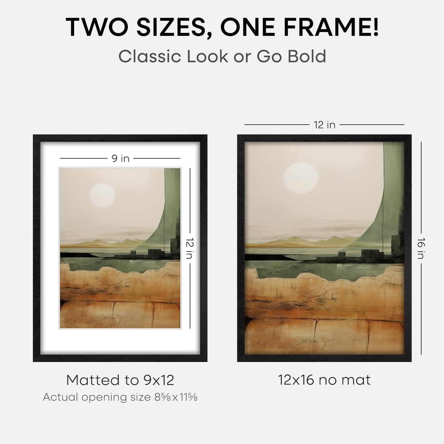 Homeforia 12x16 Black Wood Picture Frame, High End Oak 12x16 Poster Frames with Mat 9x12 Print, 12 x 16 Black Wooden Frame Matted to 9 by 12 Photo, 16x12 Thin Frame, Tempered Glass, Wall Kit, Set of 2