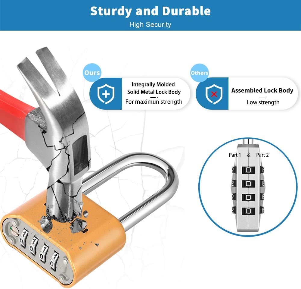 1 Pack disecu Heavy Duty 4 Digit Combination Lock, Anti-Error Feature, 2.5 Inch Long Shackle Outdoor Waterproof Padlock for School Gym Locker, Fence, Gate, Toolbox (Brass)