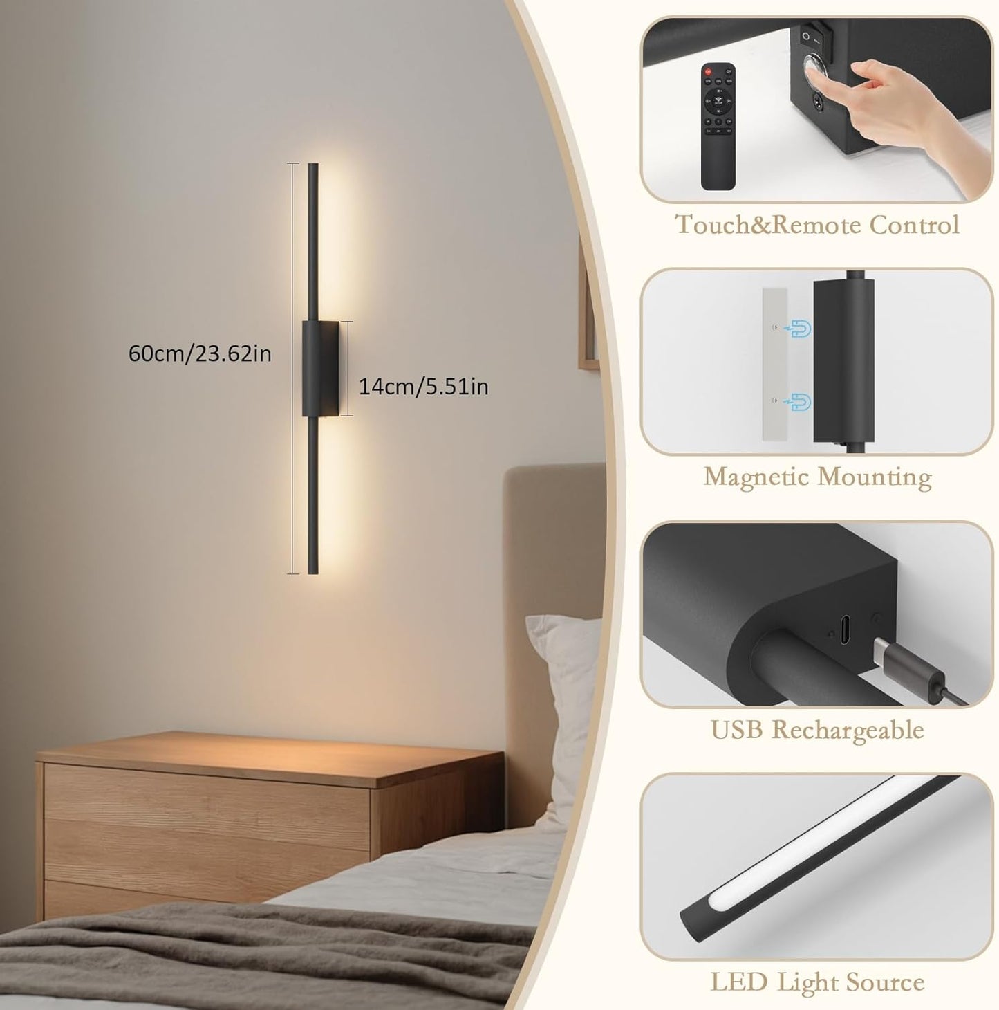23.6In Battery Operated Wall Sconces Set of Two,10000mAh Rechargeable Sconce 3 Colors Dimmable Wireless Sconces for Living Room
