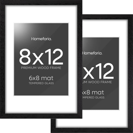 Homeforia 8x12 Black Picture Frame, High End Oak 8 x 12 Wood Frames with Mat 6 by 8 Print, 8by12 Wooden Frame Matted to 6x8 inch Photo, 12x8 Wall or Tabletop Frames, Tempered Glass, Wall Kit, Set of 2