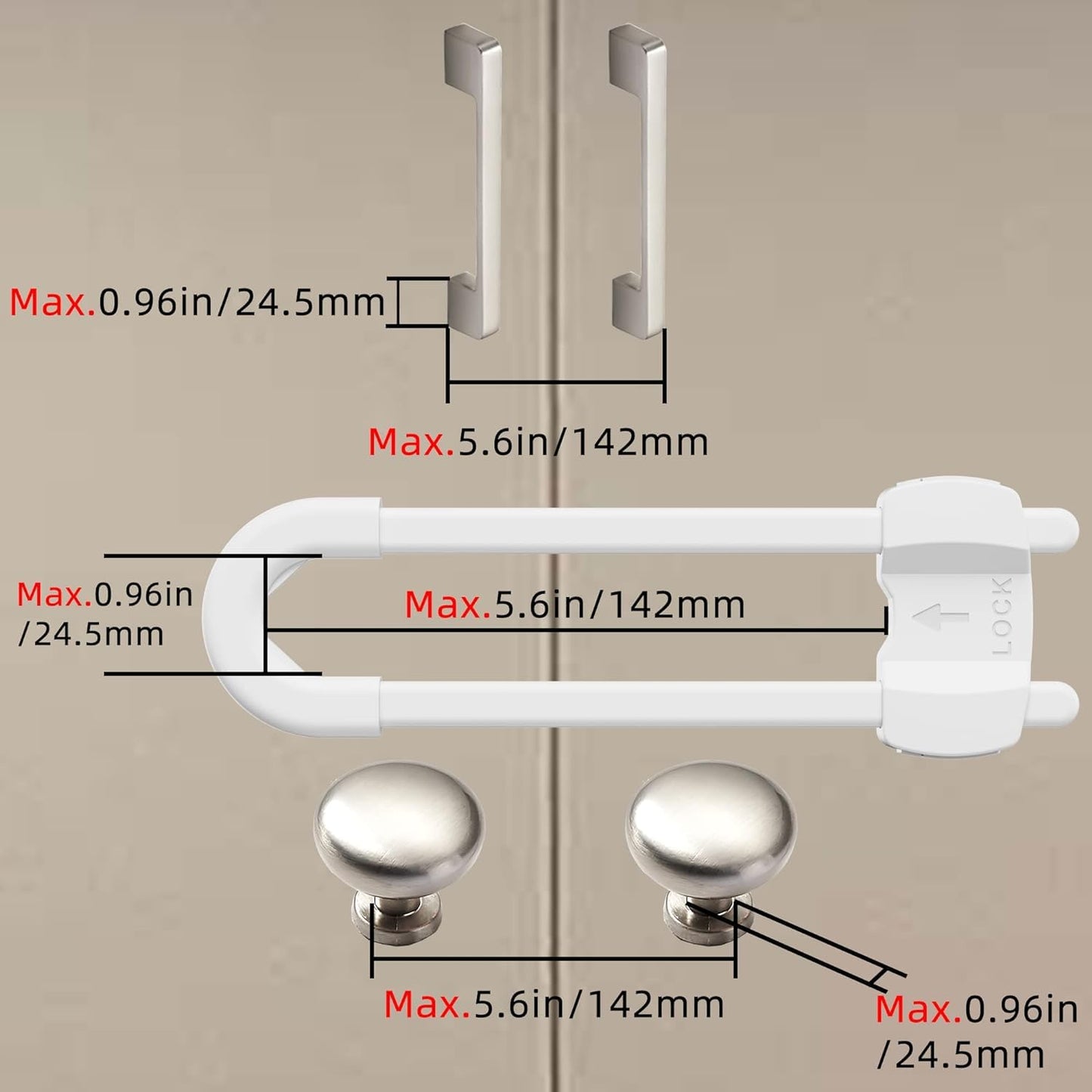 (3 pack white) 4 button Cabinet Locks, U-Shaped Proofing Drawers Safety Child Locks Adjustable, for Wardrobe,Kitchen,Bathroom,Drawer,Fridge,Cupboard Doors Knobs & Handles